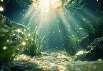 Fototapeta premium Stunning Underwater Scene with Sunlight Filtering Through Water Creating a Magical Atmosphere, Vibrant Green Plants and Air Bubbles Filling the Scene