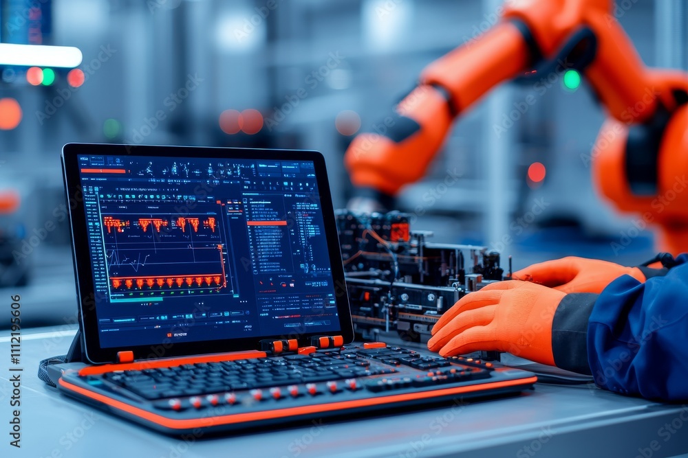 Poster a programmer uses a tablet to control robotic arms, illustrating the concepts of automation and indu