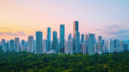 Fototapeta premium Urban skyline at sunset with lush greenery in the foreground.
