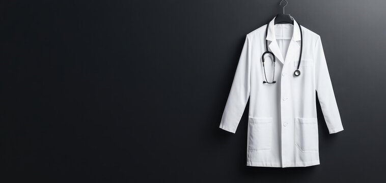 white lab coat hanging on solid dark background, symbolizing professionalism and care in medical field. stethoscope adds touch of authenticity to scene
