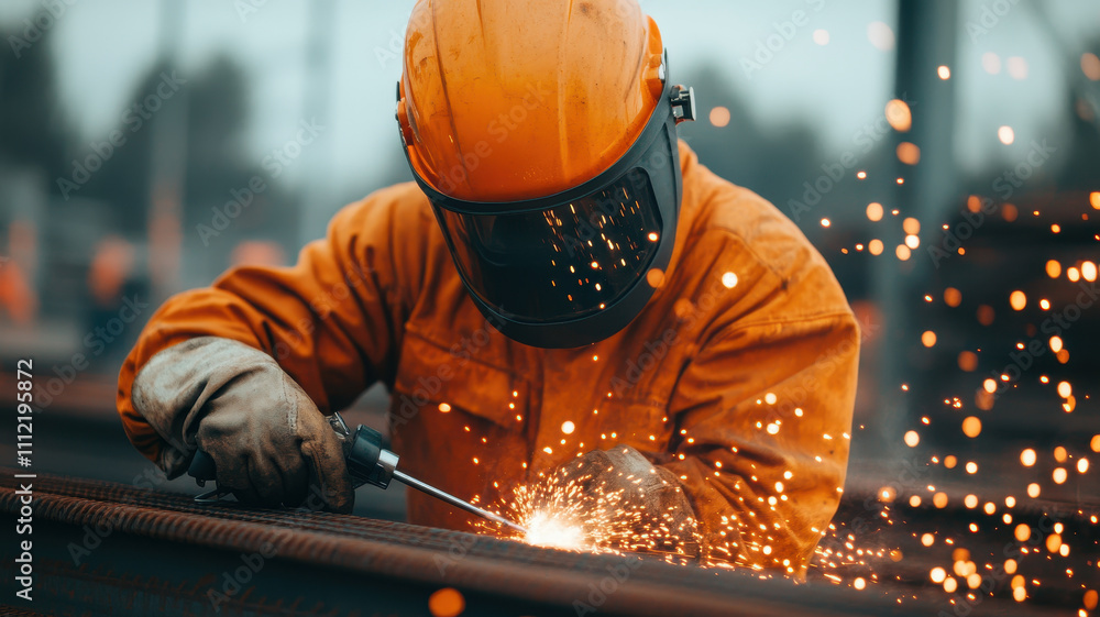 Poster worker in protective gear uses welding tool, creating sparks in industrial setting. scene captures i