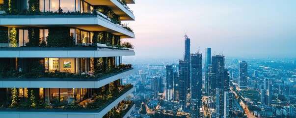 Obraz premium Modern building facade with balconies overlooking a city skyline at dusk.