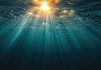 Fototapeta premium Sunlight Streaming Through Water Surface with Rays and Reflections Creating a Serene and Mystical Atmosphere Under the Sea