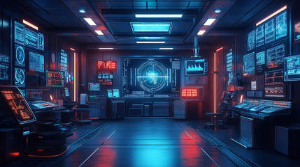 High-tech control room with monitors featuring data visualization and futuristic design in a dark environment. Generative AI