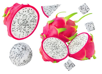 Dragon Fruit or Pitayha set isolated on white background. Various Dragon Fruit  with pieces....