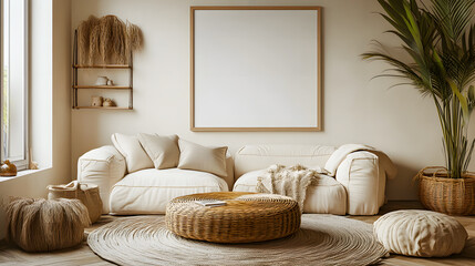 Warm and Cozy Composition of spring living room interior with mock-up poster frame, wooden sideboard, white sofa, green stand, base with leaves, plants, and stylish lamp, Home Decor 