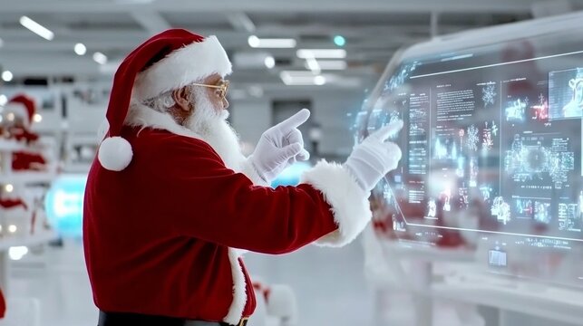Santa directing elves in a high-tech workshop filled with glowing holographic sale screens