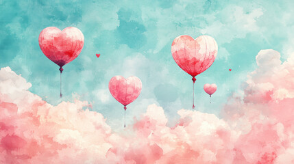 Whimsical Watercolor Design of Pink and Red Paper Lanterns in Heart Shapes Floating in a Dreamy Sky with Clear Text Space