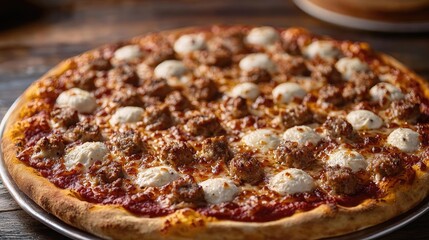 Delicious pizza topped with mozzarella cheese and savory meat on a wooden table.