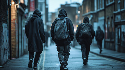 A group of youths wearing hoodies in a bleak urban setting, there is a sense of danger or criminal intent, gang activity - landscape ratio 16:9