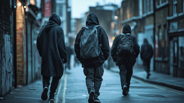 A group of youths wearing hoodies in a bleak urban setting, there is a sense of danger or criminal intent, gang activity - landscape ratio 16:9