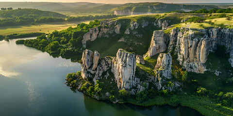 Aerial view of a serpentine river beside a cliff with lush greenery at sunrise.