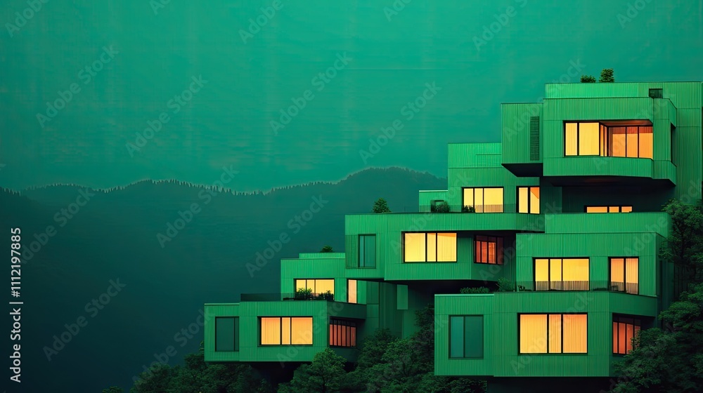 Poster Modern hillside architecture with green facade and glowing windows in twilight setting.