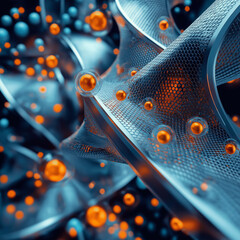 close up view of abstract structure featuring intricate patterns, metallic textures, and vibrant orange and blue spheres, conveying sense of depth and complexity