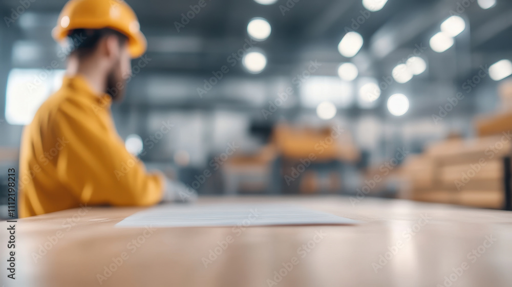 Poster worker in safety helmet sits at table in warehouse, with blurred surroundings emphasizing focus on e