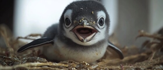A cute penguin chick with its mouth open, sitting in a nest.