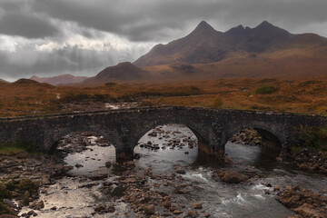 Sligachan river and Cuilins mountains in Skye Island, Scotland