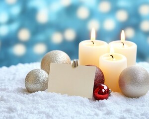 Sleek holiday table setup with glowing gift cards arranged with snow-dusted ornaments and festive candles
