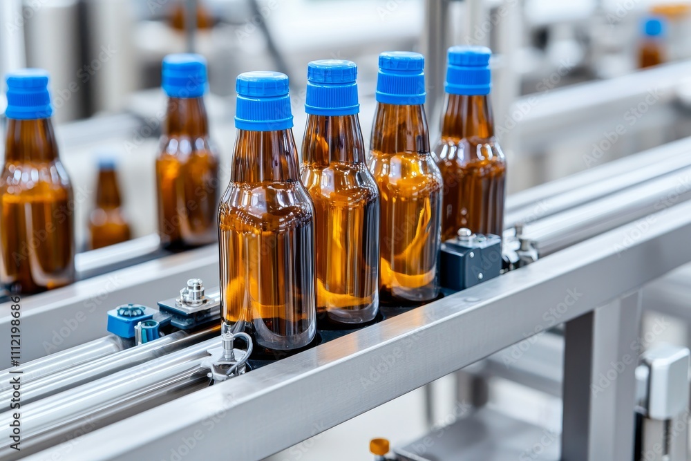 Poster automatically dispensing various drinks into plastic bottles with a filling machine.