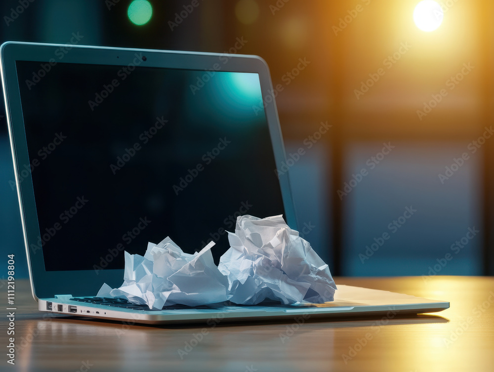 Poster crumpled paper on laptop keyboard symbolizes frustration and failure in work. warm light adds reflec