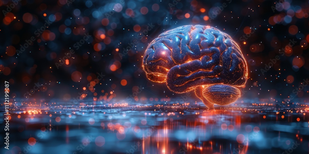 Poster futuristic glowing brain with neural networks and vibrant lights on a digital surface, symbolizing i