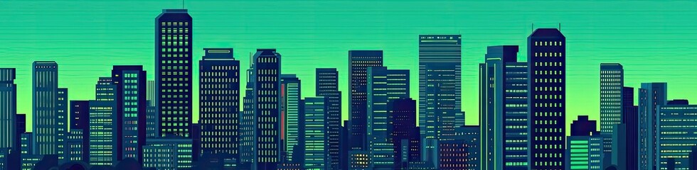 Urban skyline with vibrant colors and busy highway traffic, night scene.