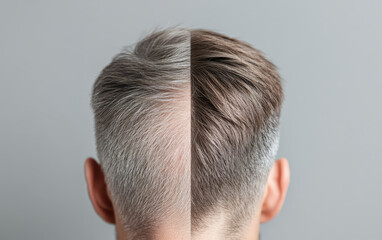 Obraz premium Hair regrowth comparison showing contrasting scalp views with minimal hair loss. image highlights difference in hair color and texture, emphasizing effects of hair restoration
