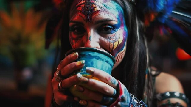 Portrait of a tribal woman with vibrant face paint holding a colorful cup, suggesting a ritualistic or ceremonial setting related to ayahuasca or psychedelic traditions
