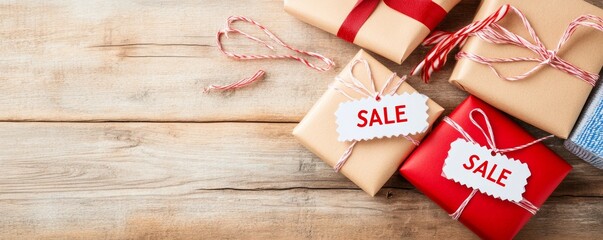 Top-down flat-lay of holiday wrapping essentials SALE tags on ribbons and paper rolls