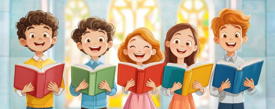 Choir members holding hymn books, joyful expressions, sunlit church interior, 4K cartoon animation style
