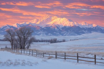 Blanca peak glowing pink at sunrise over snowy ranch land in southern colorado