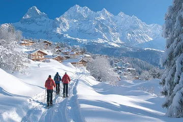 Hikers snowshoeing in swiss alps near wengen village in winter