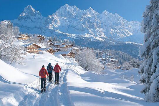Hikers snowshoeing in swiss alps near wengen village in winter - Powered by Adobe