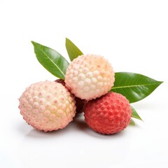 Three lychees with leaves on white.