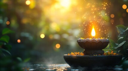 Sacred illumination, Spiritual Oil Lamp in Tranquil Nature Setting, Diwali Festival of Lights