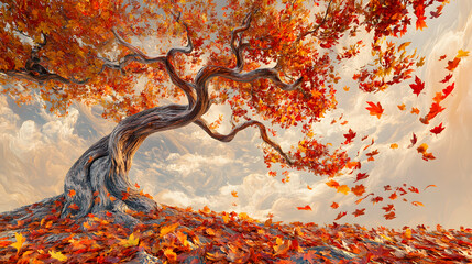 A gnarled tree with vivid red leaves stands against a fiery orange background, creating a vibrant autumnal artistic scene..