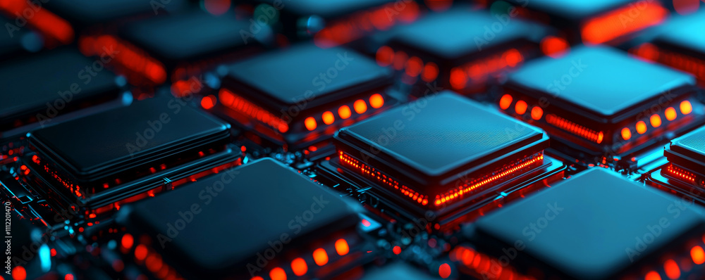 Poster battery replacement with performance concept. close-up of glowing computer chips on a circuit board.