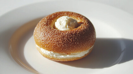 A bagel board with a bowl of cream cheese, and a few scattered chives on a neutral-toned background, for morning and brunch, Generative AI