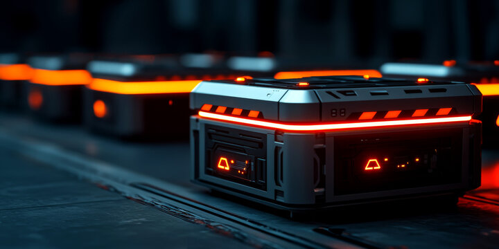 Battery replacement with performance concept. Futuristic storage containers with glowing orange accents. - Powered by Adobe