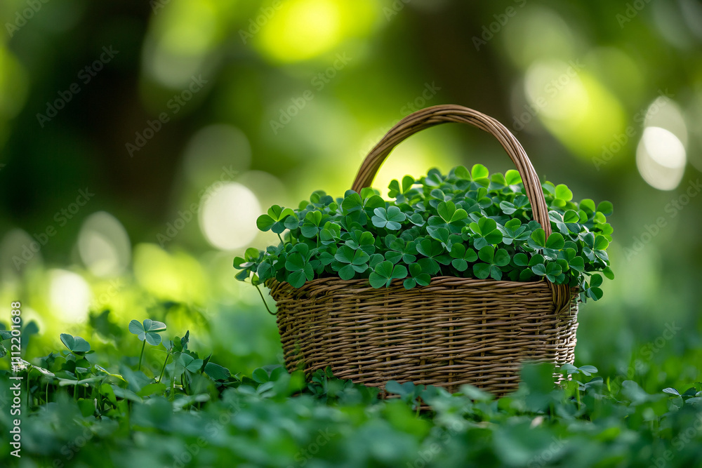 Poster a rustic basket brimming with clovers placed in a serene green field surrounded by soft light and ge