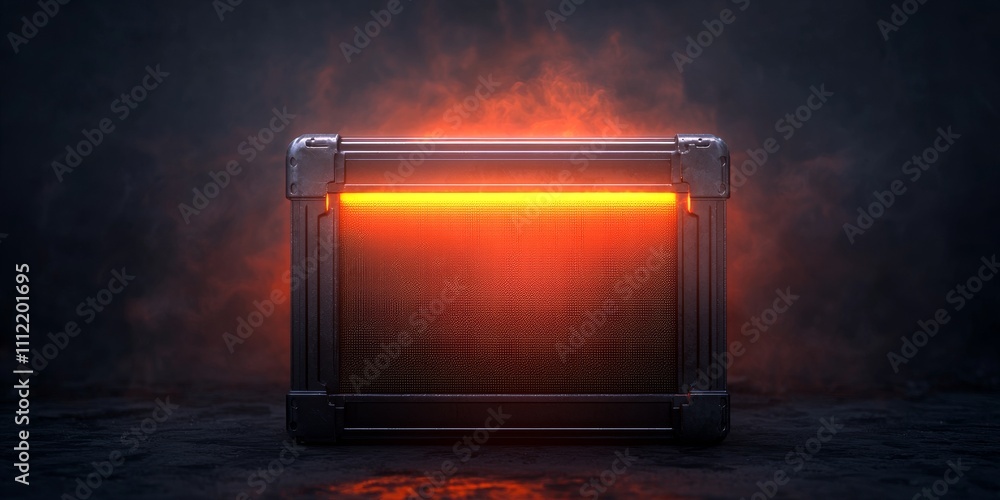 Poster battery replacement with performance concept. mysterious glowing crate with an orange light emanatin