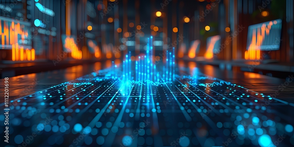 Poster futuristic data visualization with glowing blue and orange graphs in a high-tech environment, symbol