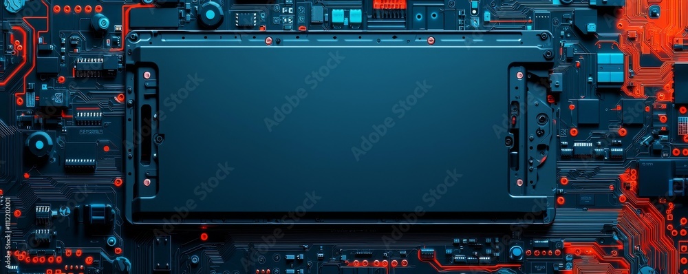 Poster battery replacement with performance concept. futuristic circuit board with a central display area.