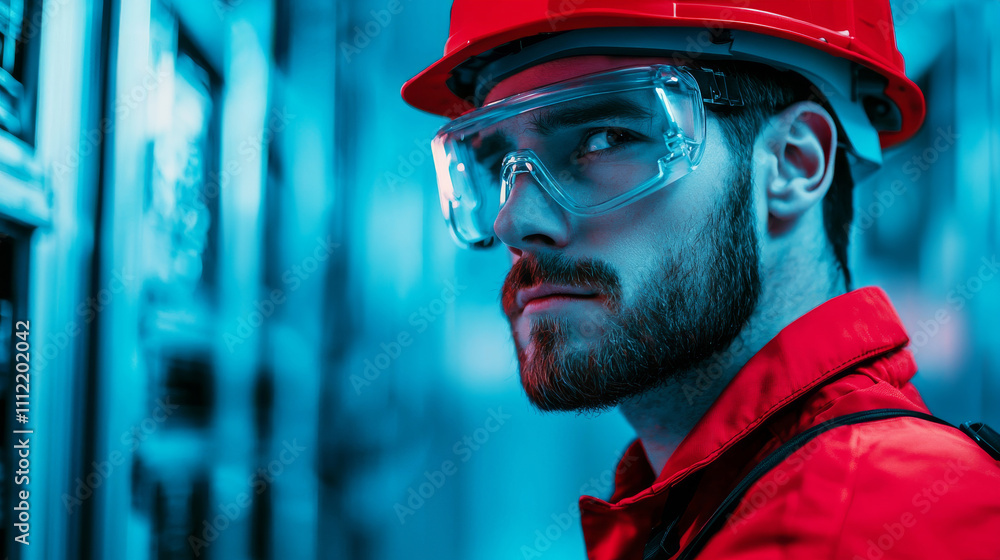 Poster battery replacement with performance concept. focused worker in safety gear within a high-tech envir