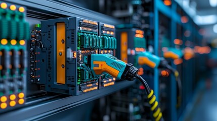 Naklejka premium The automated production line for EV battery packs features orange robotic arms. This modern smart factory for electric cars showcases a row of advanced robotic arms in a bright plant, assembling