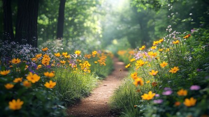 Obraz premium Sunlit Path Through A Garden Of Vibrant Yellow Flowers