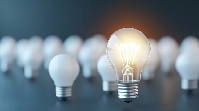 One glowing bulb among unlit bulbs on dark surface. Leadership success concept