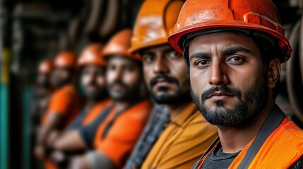 Construction workers lineup with orange hardhats. Safety team portrait