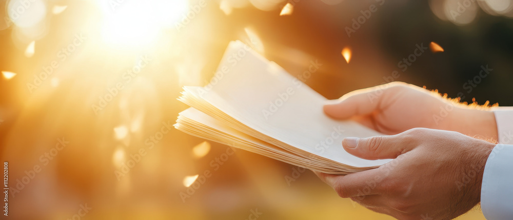 Poster hands flipping through document in warm light, creating serene atmosphere filled with golden hues an