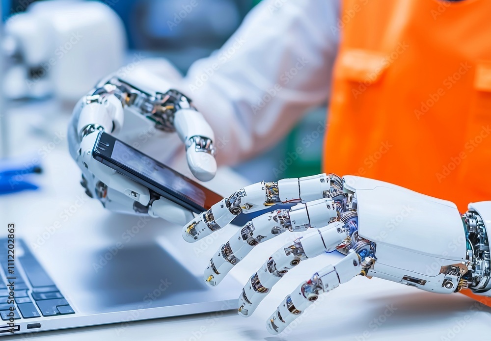 Poster a robotic maintenance engineer is engaged in connecting and monitoring a robot arm. this professiona